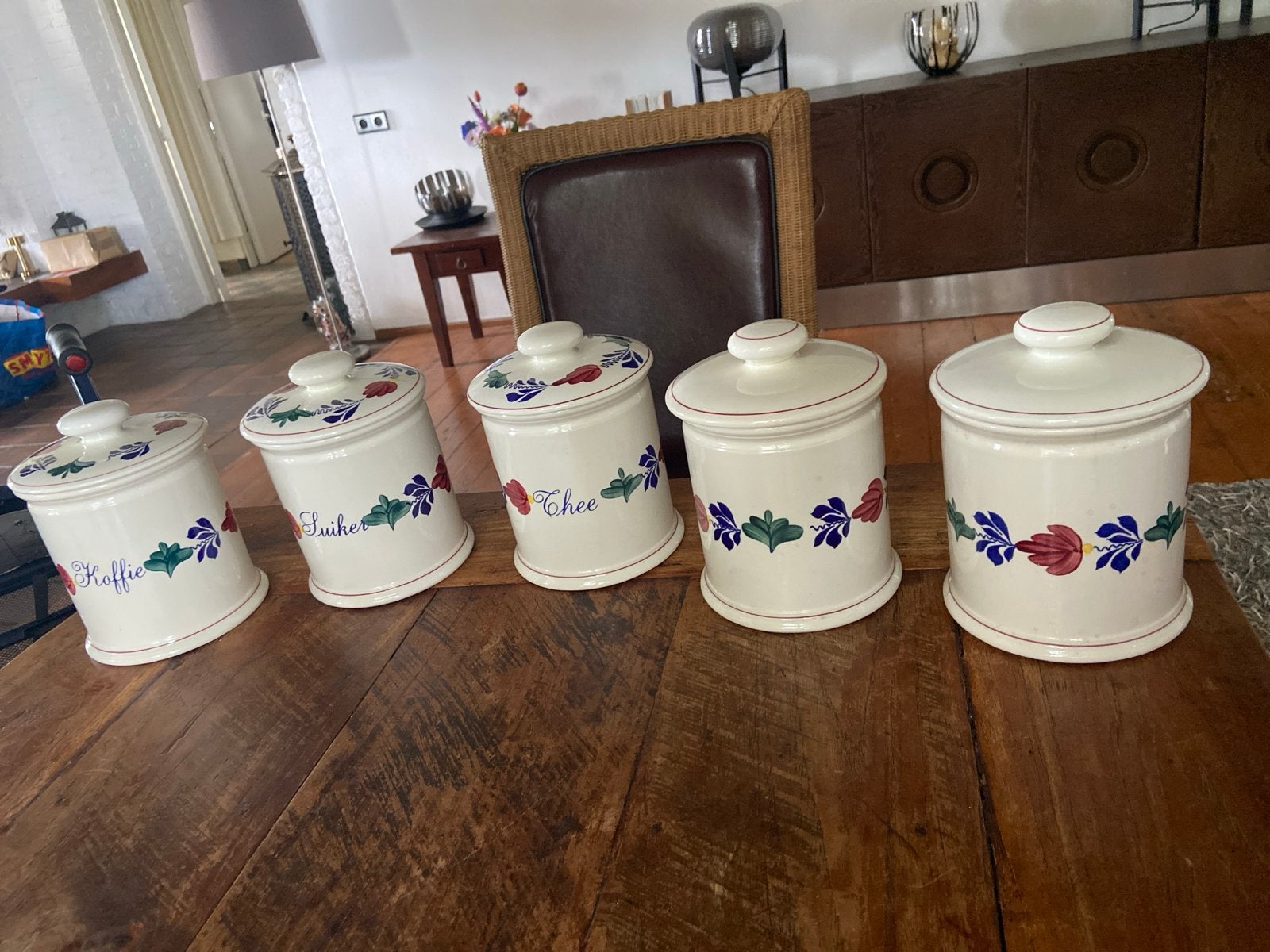 Set van 5 vintage voorraadpotten - Koffie, Suiker, Thee, Ophalen
