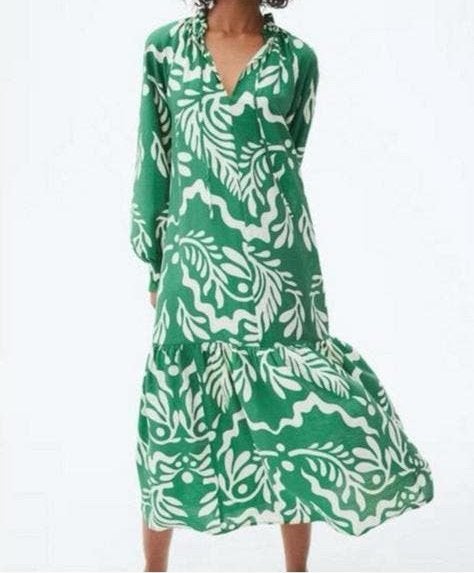 New- Frill Collar Dress in green pattern. Size xxs, Ophalen, Nieuw, Maat 34 (XS) of kleiner, Boven de knie