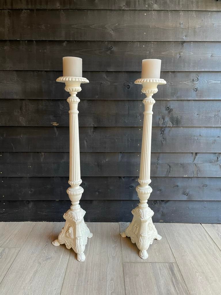 2 kandelaars, gietijzer, Huis en Inrichting, Woonaccessoires | Kandelaars en Kaarsen, Ophalen, Gebruikt, Crème, Metaal