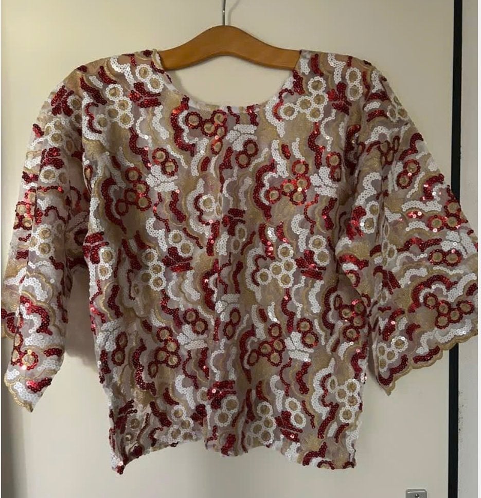 Zomer blouse vol met paillette goud wit rood, Maat 42/44 (L), Nieuw, Ophalen of Verzenden, X