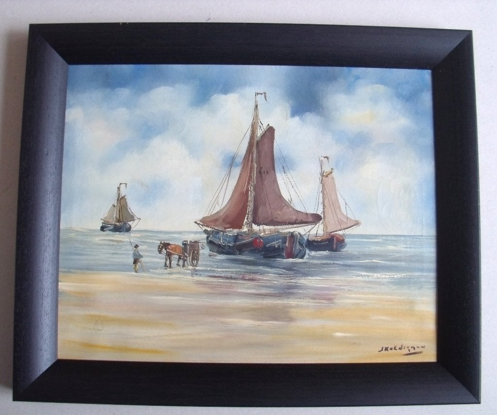 Jan Kelderman (1914-1990)  Garnalenvisser en boot - olieverf, Ophalen