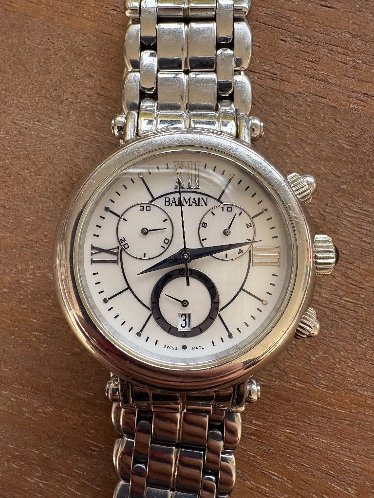 Balmain Swiss watch chronograaf zilver met originele doos, Overige merken, Staal, Gebruikt, Polshorloge