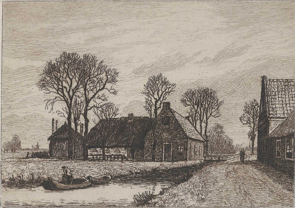 D. v.d. Berg Ets Boerderijen ca. 1920 ? Uitg. Gebr. v Rijkom, Ets, Blanco verso, 12 cm, Landschap