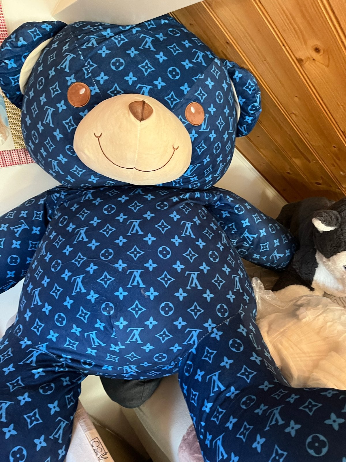 Grote blauwe teddybeer met Louis Vuitton-achtig patroon, Gebruikt, Overige merken, Overige karakters, Beer