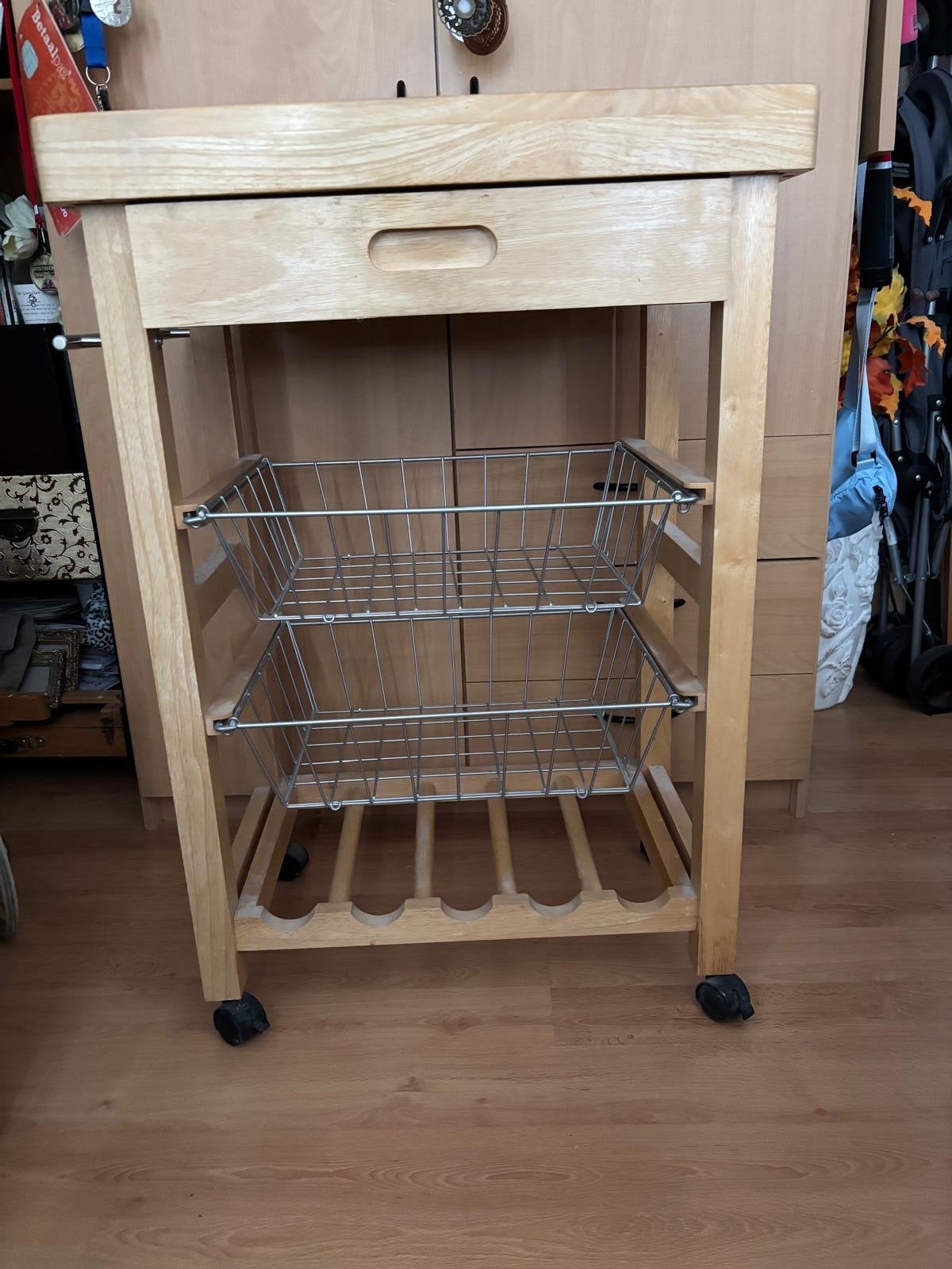 Houten Keukentrolley met Lades en Wijnrek, Huis en Inrichting, Gebruikt, Hout, Keukentrolley, Overige merken