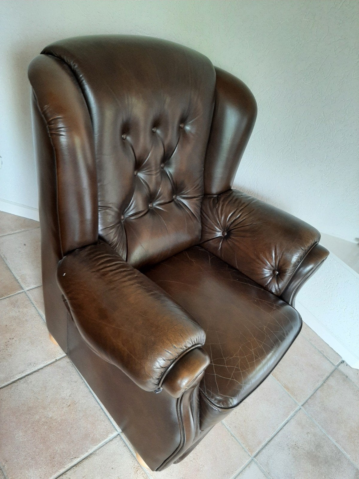 Leren Chesterfield Fauteuil - Bruin, Ophalen, Gebruikt, Chesterfield, 75 tot 100 cm
