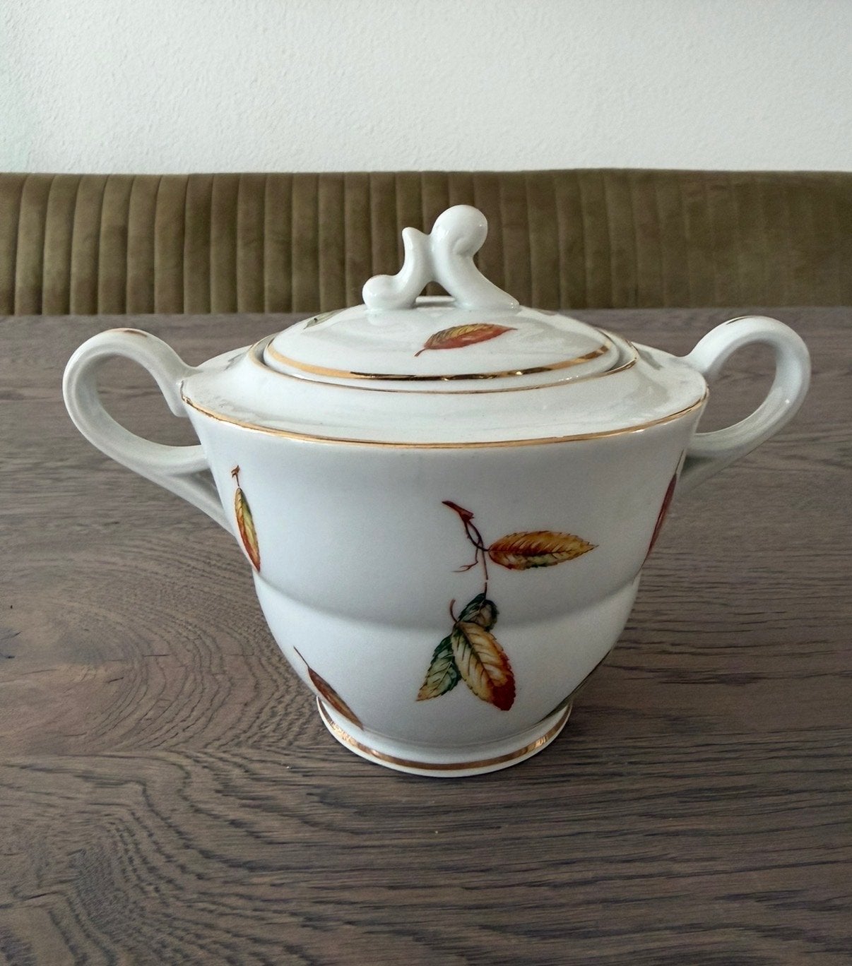 Vintage suikerpot met herfstbladeren decor - Porselein, Antiek en Kunst, Ophalen of Verzenden