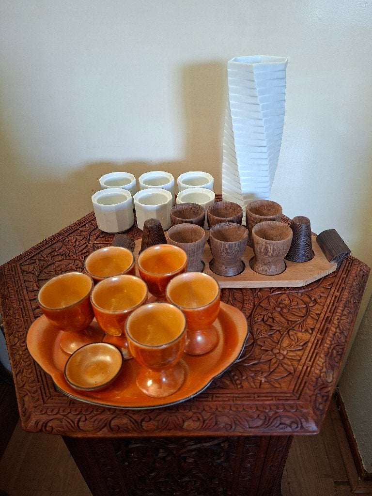 Set 6 eierdoppen, art deco/ amsterdamse school oranje, Antiek en Kunst, Antiek | Servies los, Ophalen