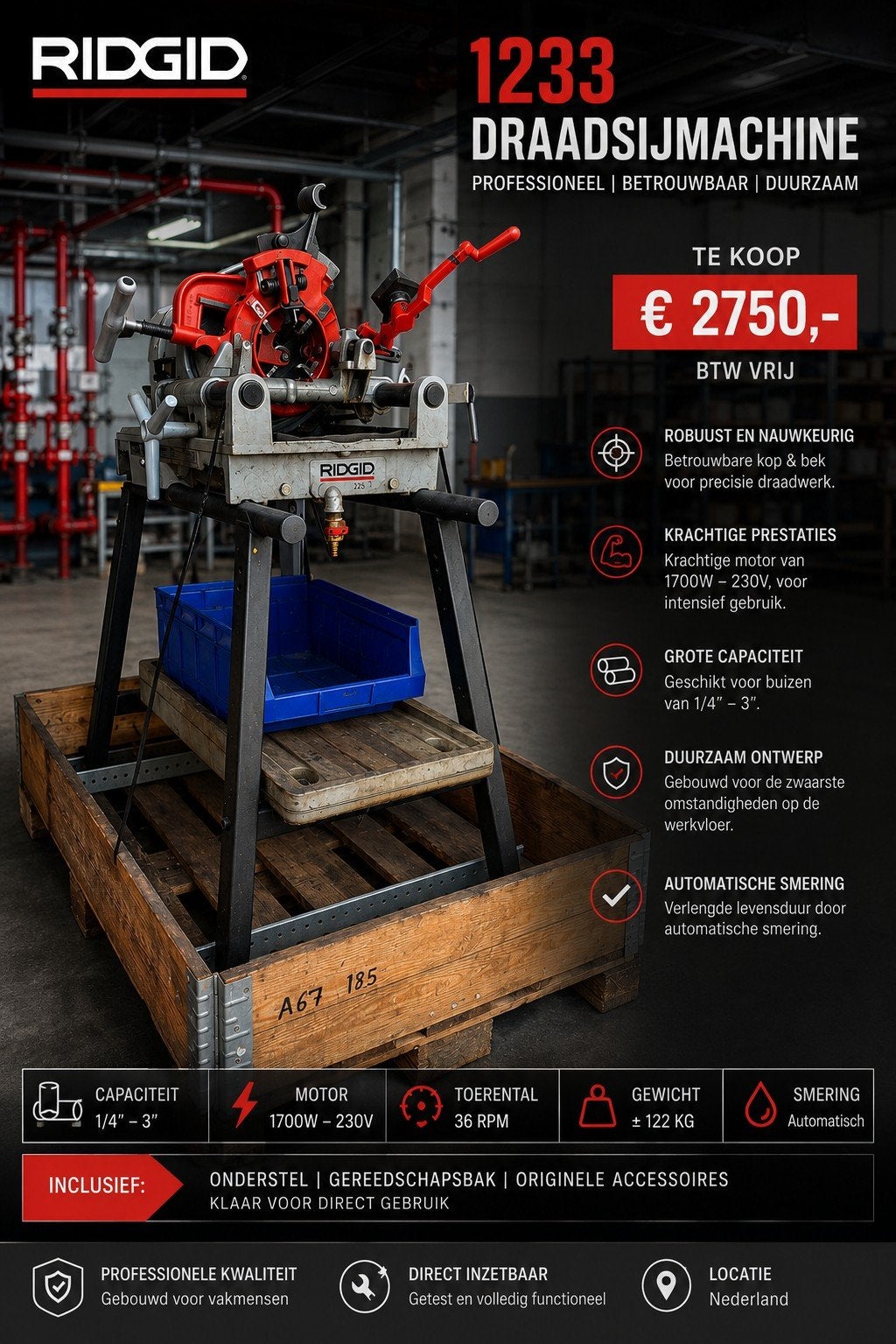 RIDGID 1233 Draadsnijmachine - 3 snijblokken, tot 3", Ophalen