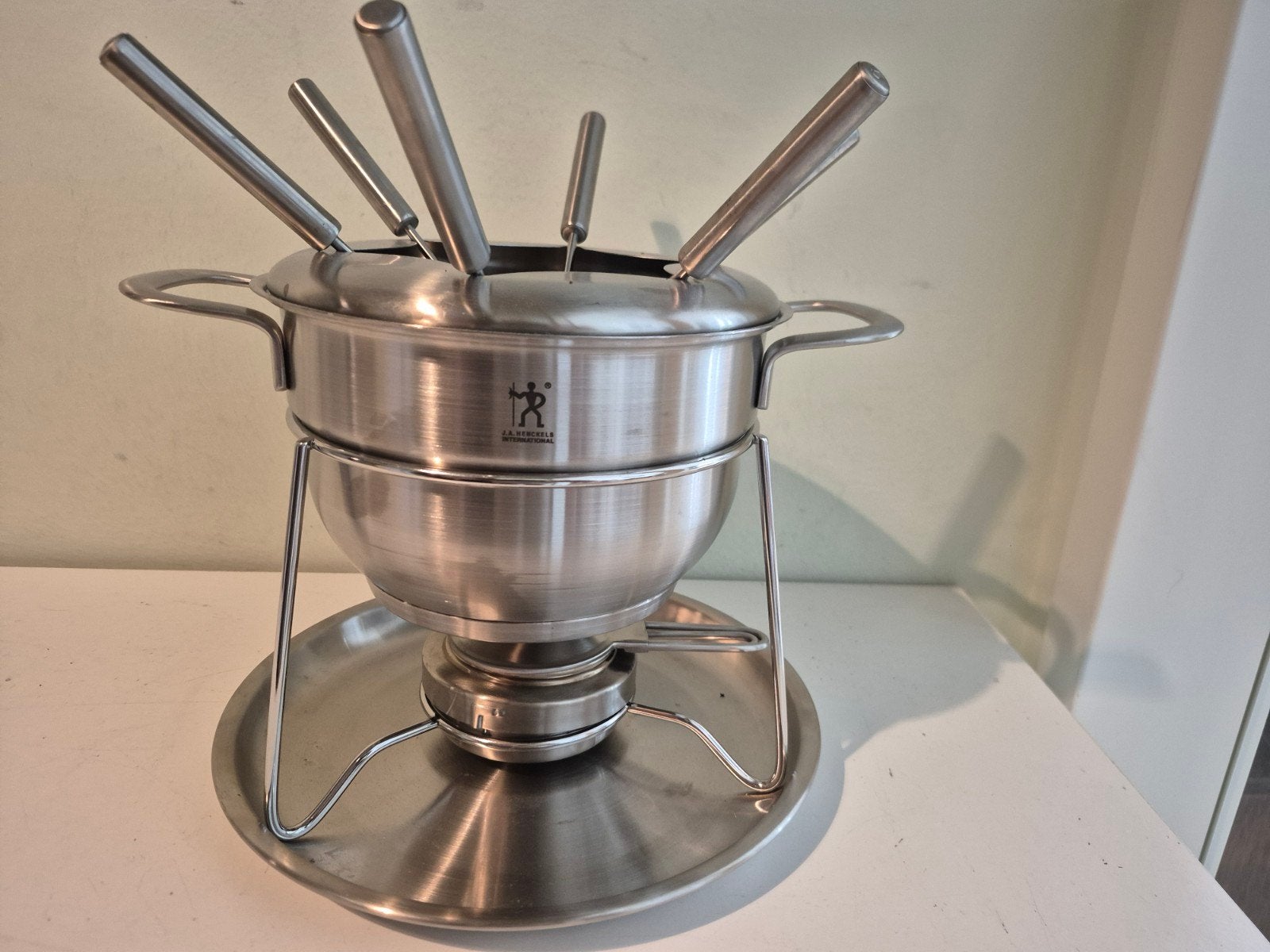 Fondueset RVS met 6 vorkjes en brander, Ophalen, Zo goed als nieuw, Brander, Fondueset