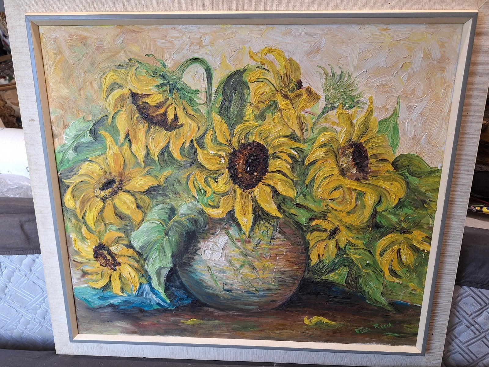 Schilderij Zonnebloemen - Olieverf op doek, gesigneerd, Ophalen