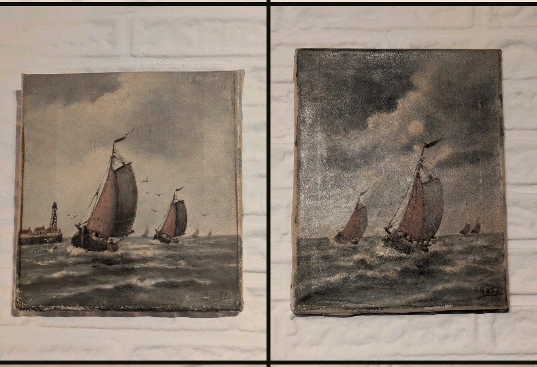 Set van 2 schilderijen: Zeegezichten met zeilboten, A Hoff., Ophalen of Verzenden