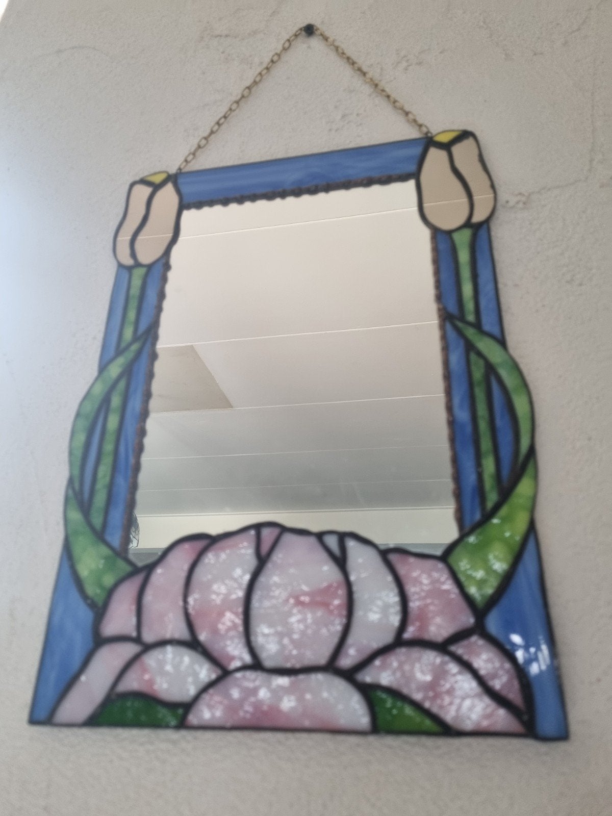 Stained glas Unieke Art Nouveau Stijl Spiegel met Bloemen, Ophalen of Verzenden