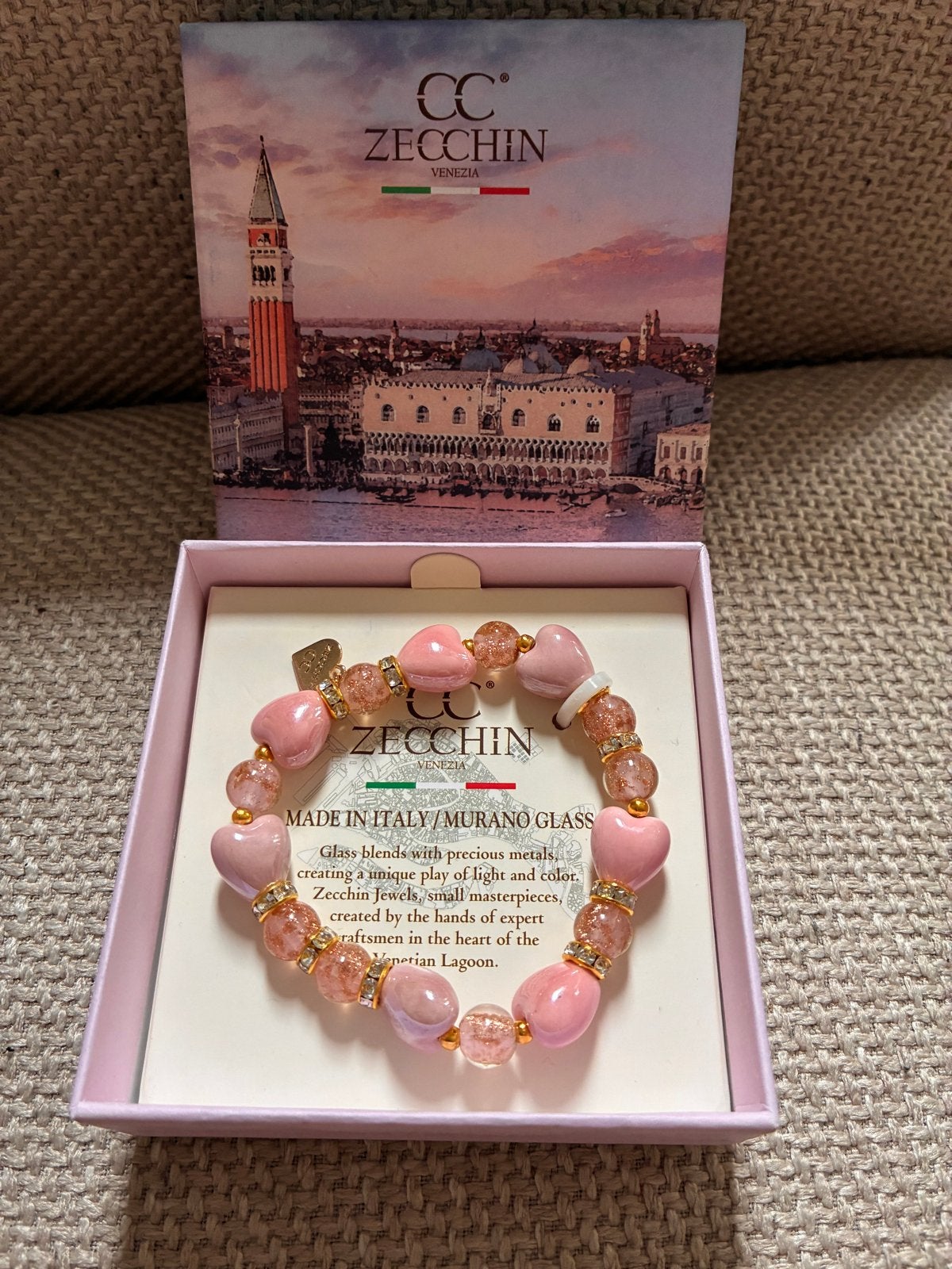 Zecchin Murano Glas Armband met Roze Hartjes en Kristallen, Sieraden, Tassen en Uiterlijk, Armbanden, Met kristal, Overige materialen