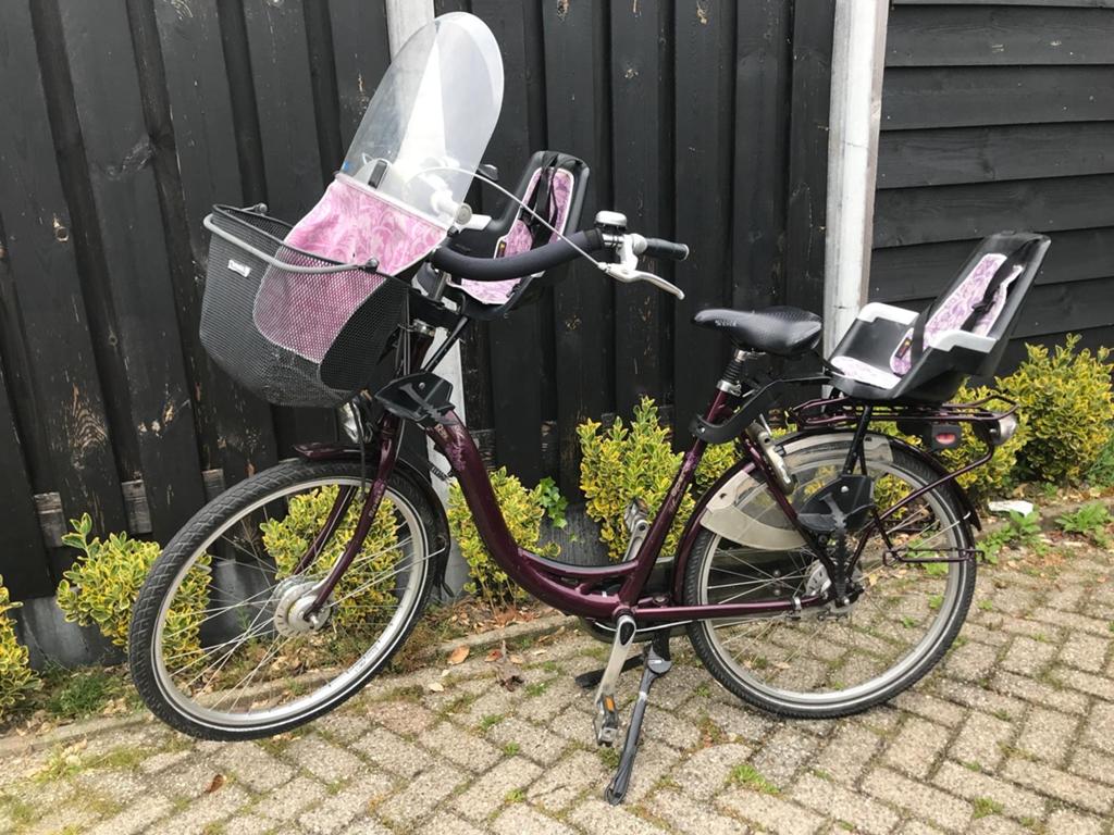 Sparta Amazone mamafiets met 2 kinderzitjes en windscherm, 2 zitjes, Sparta, Gebruikt, Dubbele standaard