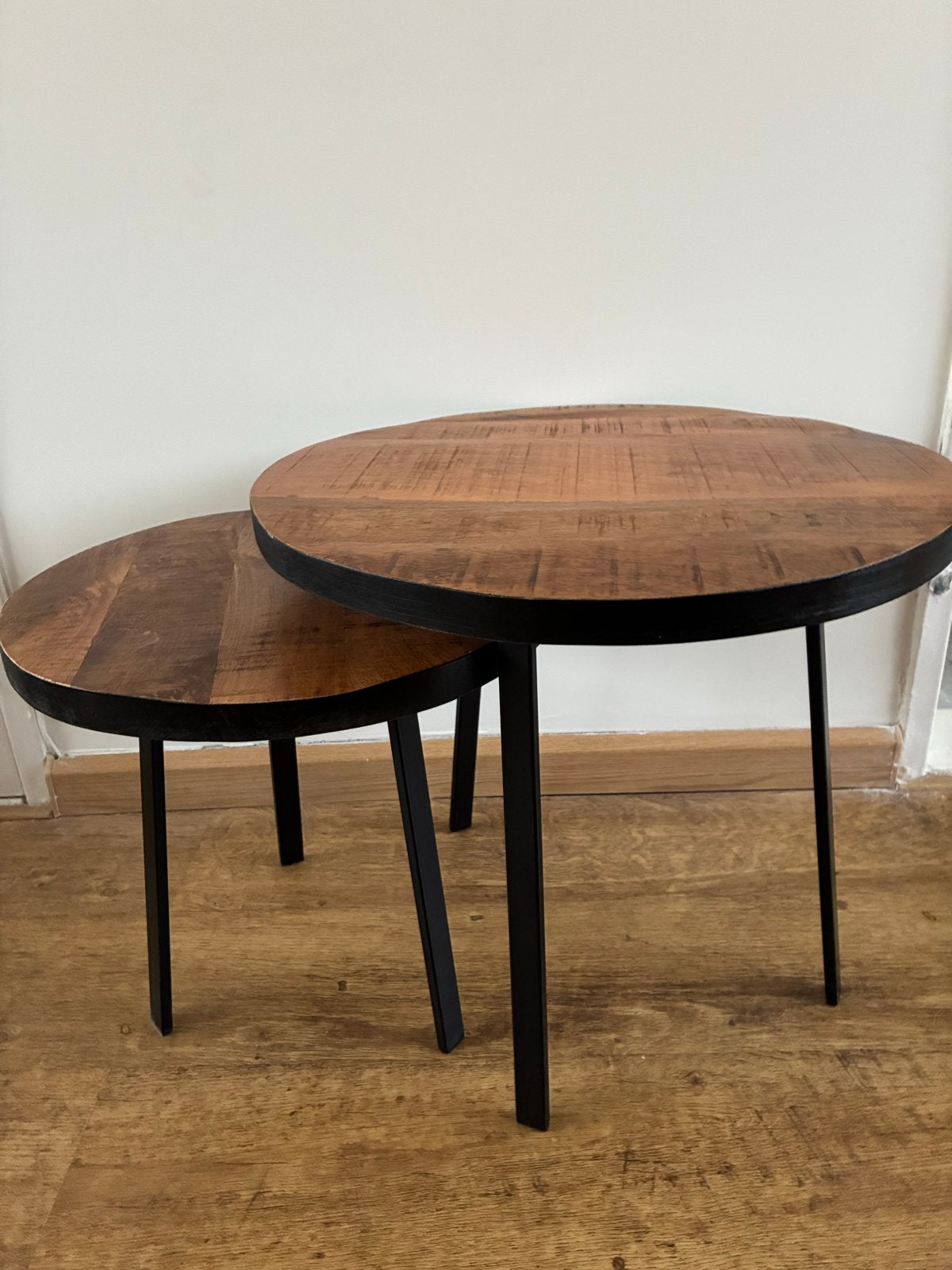 Set van 2 ronde bijzettafels - industrieel design, Ophalen, 50 – 75, Minder dan 50 cm, Gebruikt