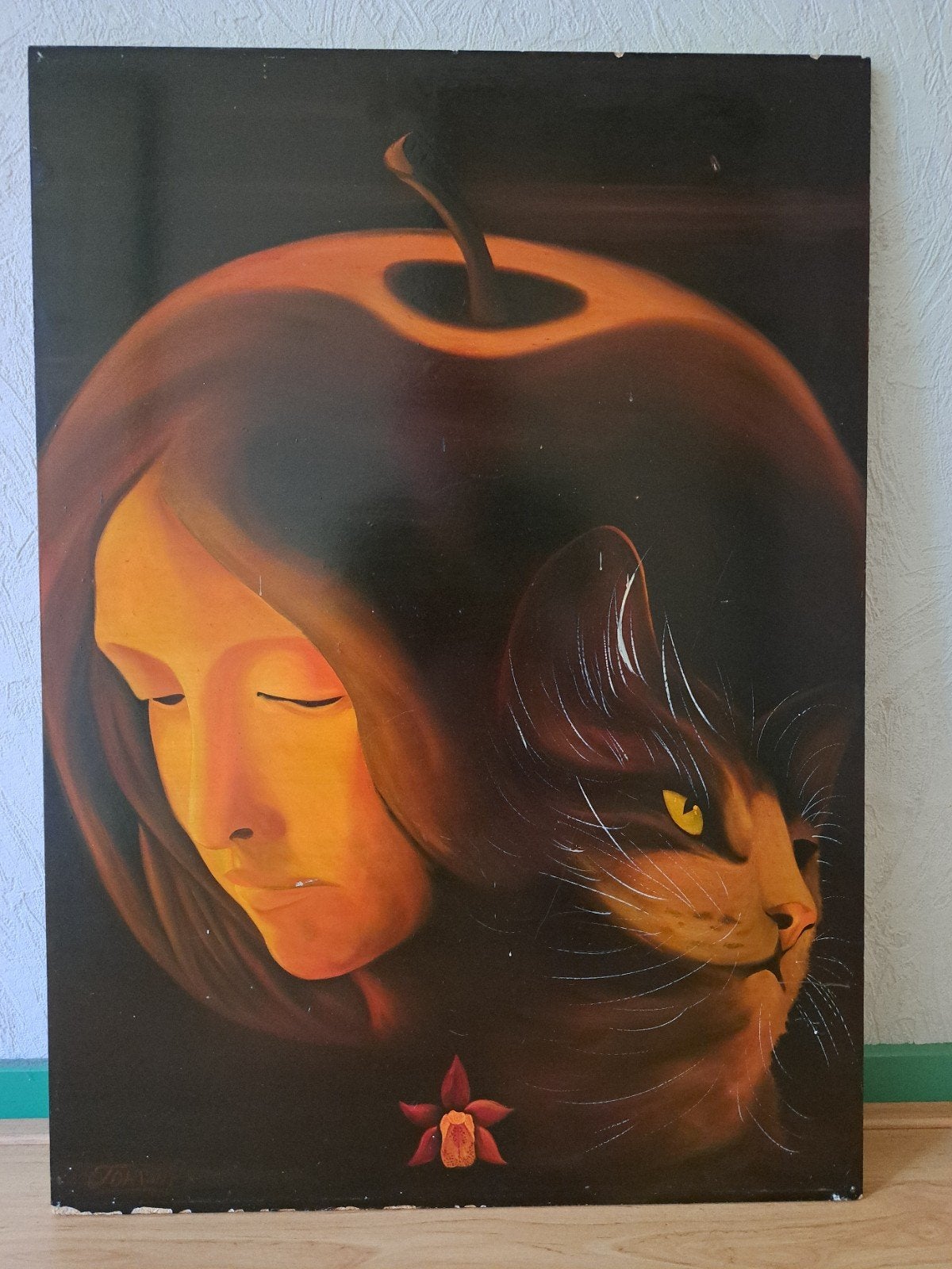 Bijzonder schilderij: Vrouw, kat en appel, Antiek en Kunst, Ophalen of Verzenden