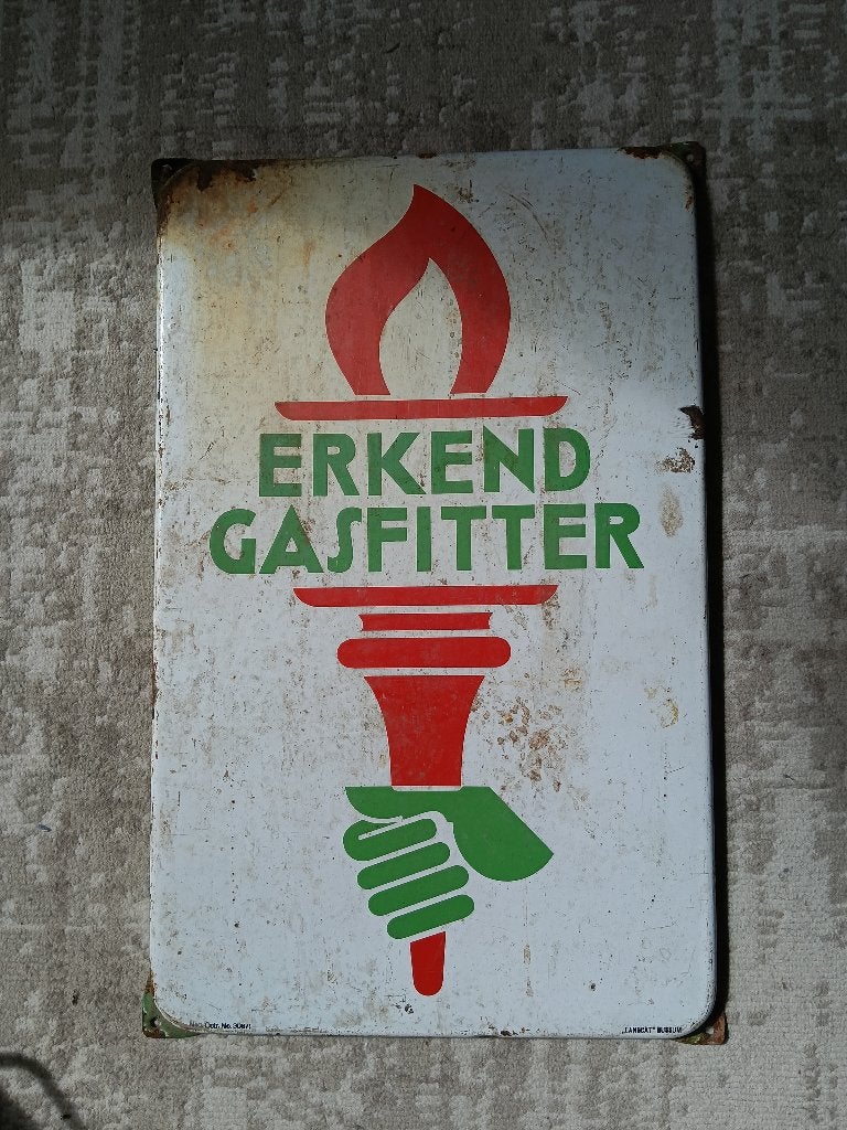 Oud Emaille bord Erkend gasfitter, Ophalen of Verzenden