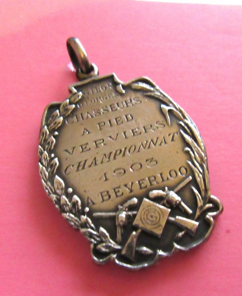 Antieke Belgische medaille 1903 schieten Verviers - Zilver, Verzamelen, Verzenden, Overige soorten, Overige gebieden, Lintje, Medaille of Wings