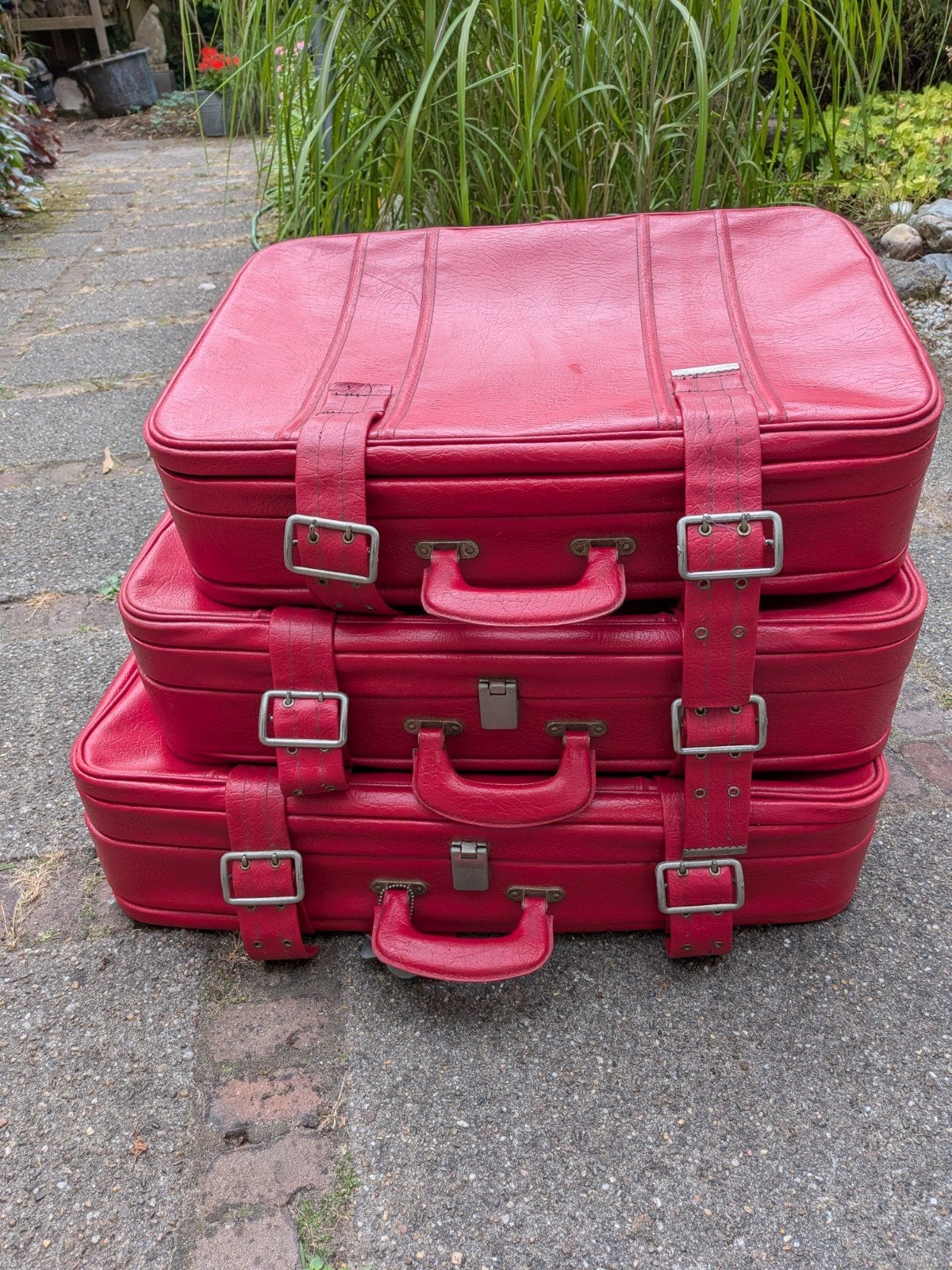 Set van 3 vintage koffers uit jaren 70.  Rood kunst leer/ska, Ophalen, Gebruikt, Zacht kunststof