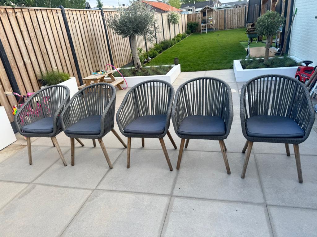 5 tuinstoelen, Huis en Inrichting, Stoelen, Ophalen, Gebruikt, Bruin, Hout