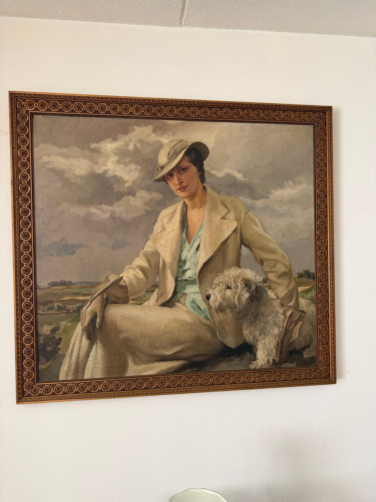 Klassiek portret van dame met hond, olieverf op doek, Ophalen, Doek, Portret of Personen, Olieverf