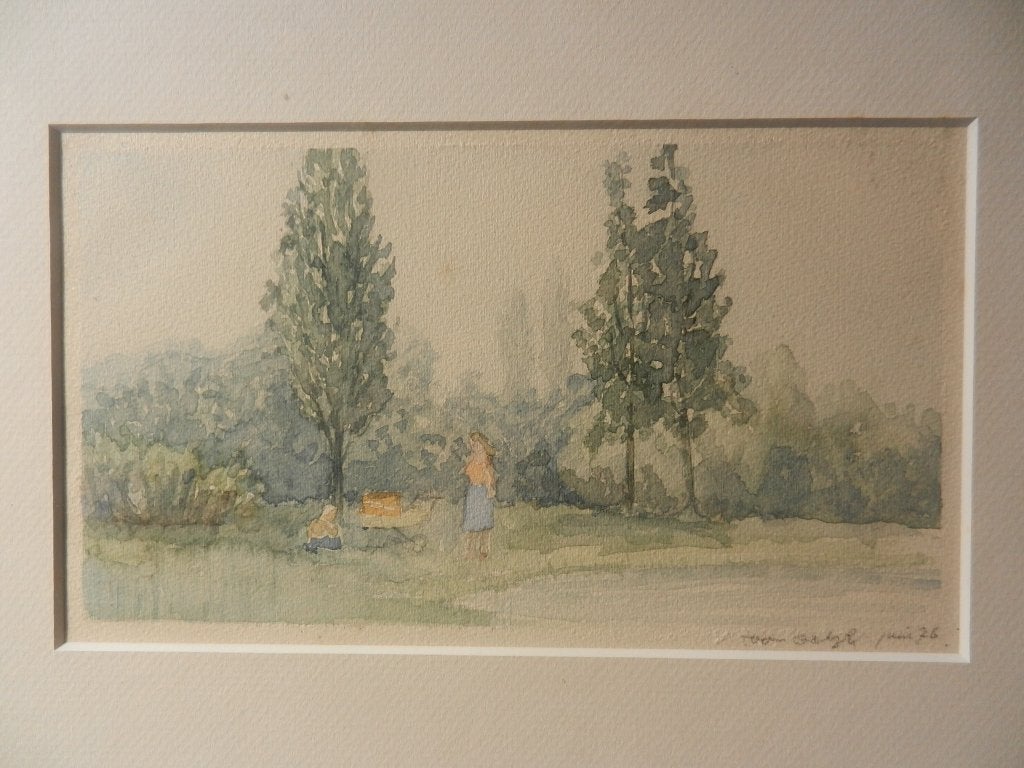 Aquarel Oeverlandschap met figuren Toon van Odijk 1976 12x21, Antiek en Kunst, Kunst | Tekeningen en Foto's, Ophalen of Verzenden