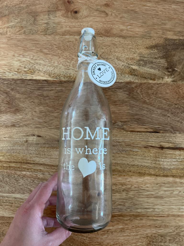 Glazen fles met beugeldop - 'Home is where the heart is', Huis en Inrichting, Ophalen of Verzenden, Zo goed als nieuw