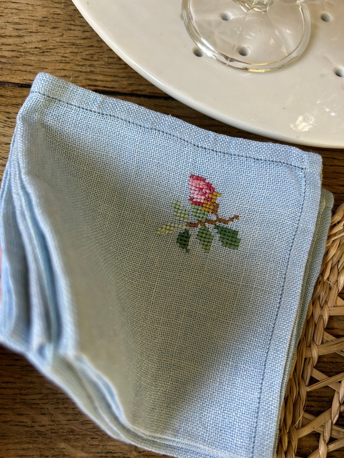 Set van 6 linnen Franse blauwe geborduurde servetten, Ophalen