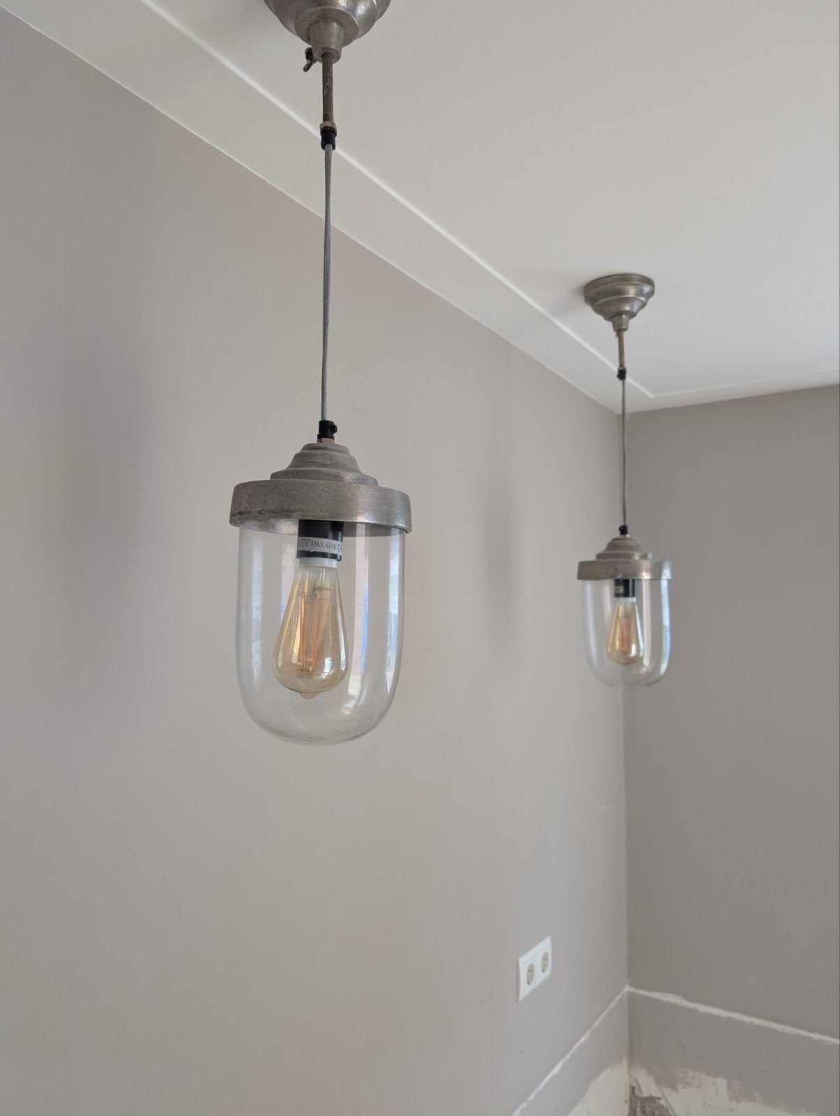 industriele ptmd  hanglampen, glazen stolp metalen armatuur, Ophalen, Zo goed als nieuw, Glas, E27 (groot)