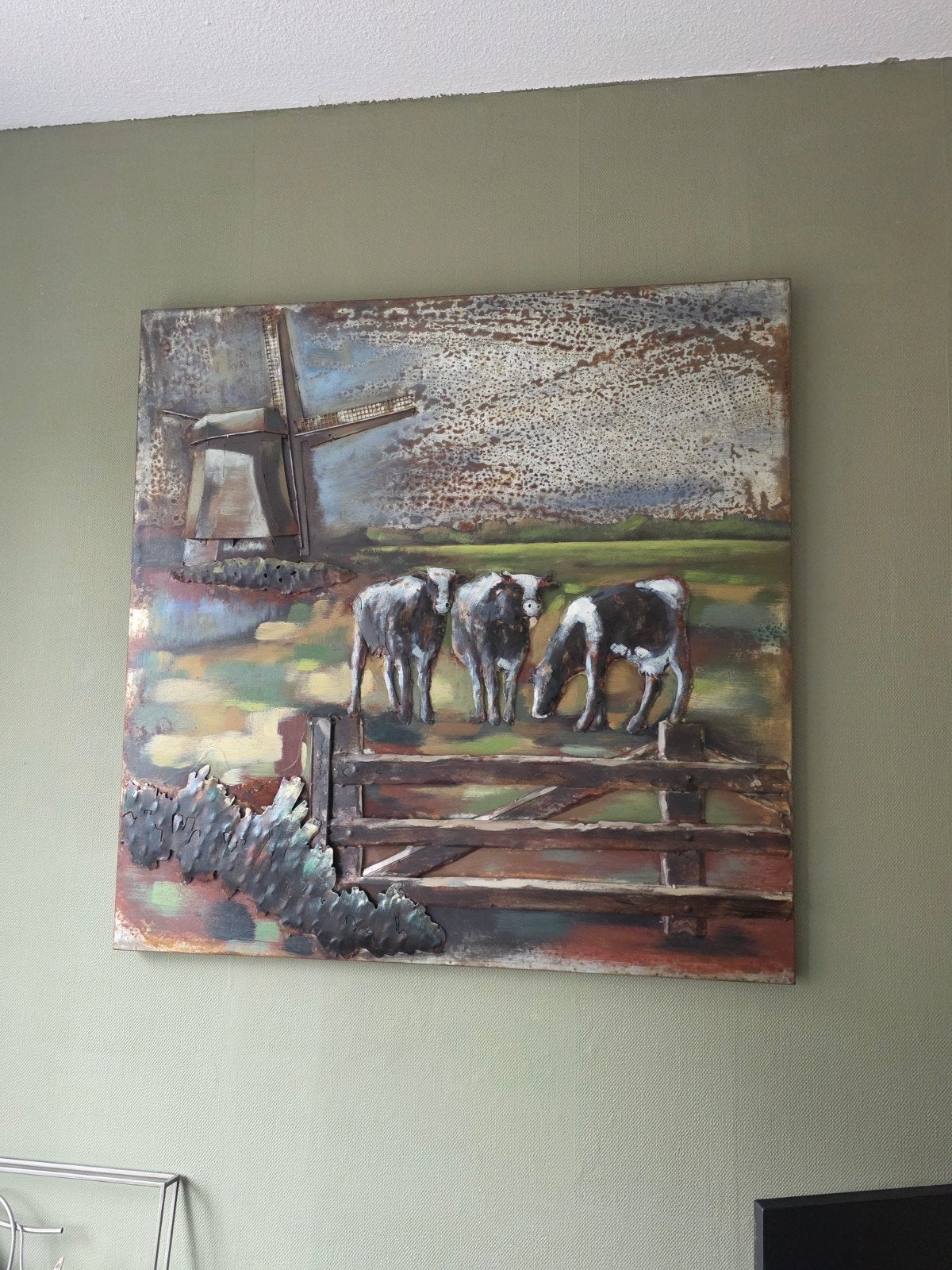 Metalen Wanddecoratie Koeien en Molen 100x100cm, Ophalen of Verzenden