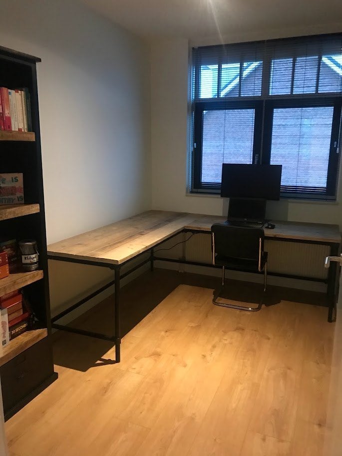 Steigerhouten hoekbureau, Huis en Inrichting, Bureaus, Ophalen, Demontabel, Gebruikt, 210 cm