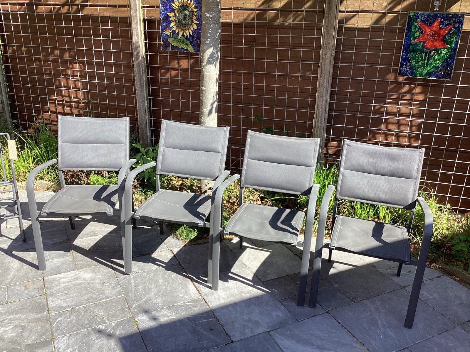 4 stapelbare tuinstoelen aluminium textileen, grijs, Ophalen, Gebruikt, Metaal, Stapelbaar