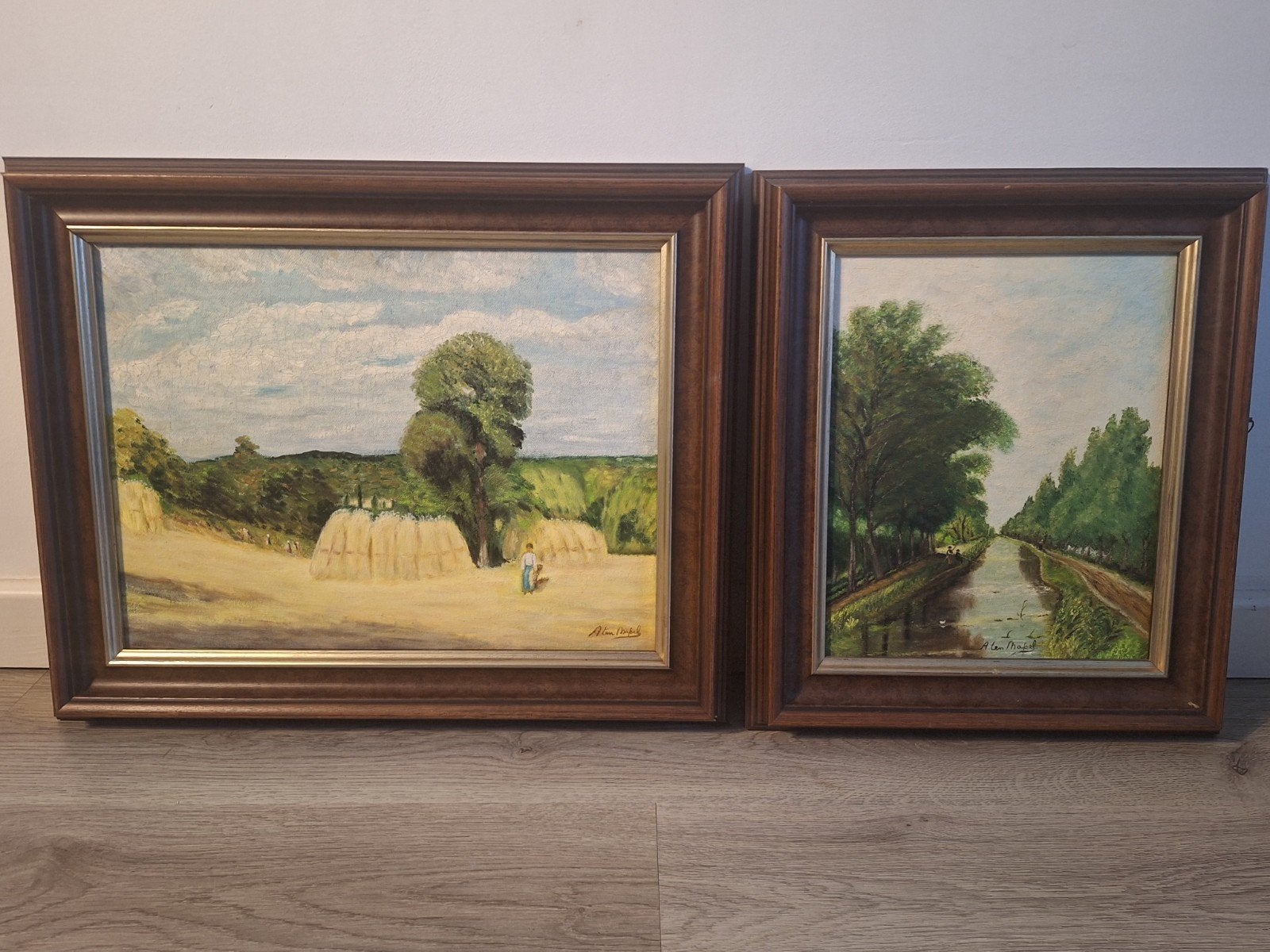 Set van 2 Schilderijen: Landschap en Kanaal door Aten Mapel, Antiek en Kunst, Doek, Realistisch, Origineel werk, Ophalen of Verzenden