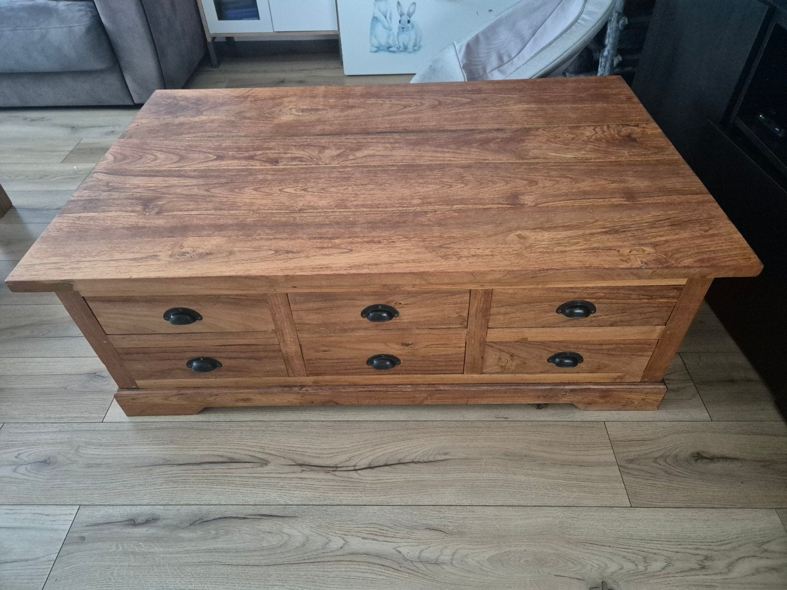 Teakhouten salontafel met 12 lades, Gebruikt, Teakhout, Ophalen of Verzenden, Landelijke, Koloniale stijl