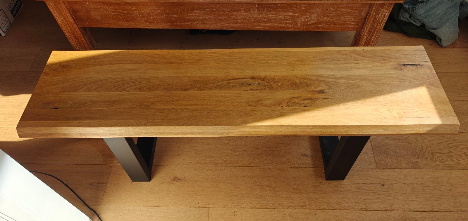 Eikenhouten bankje met metalen onderstel, Ophalen, Minder dan 50 cm, 100 tot 150 cm, Zo goed als nieuw