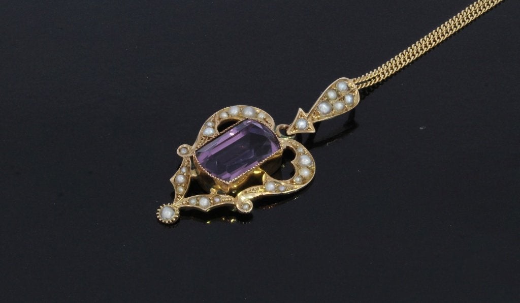 Art Nouveau amethist parel gouden ketting hanger zeer fraai, Ophalen of Verzenden, Goud, Hanger, Met edelsteen