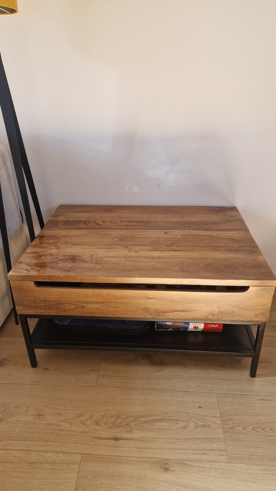 Salontafel met opbergruimte - Mangohout en Metaal, Huis en Inrichting, Gebruikt, 100 tot 150 cm, Modern, Industrieel, 50 tot 100 cm
