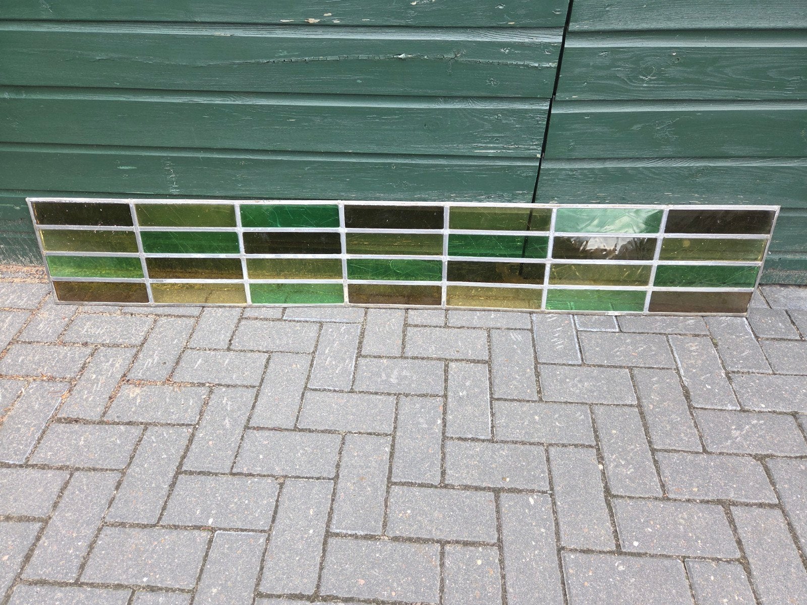 3x glas in lood panelen groen geel bruin 176x28cm lang, Ophalen, Gevelraam of Ruit, Gebruikt, Minder dan 80 cm