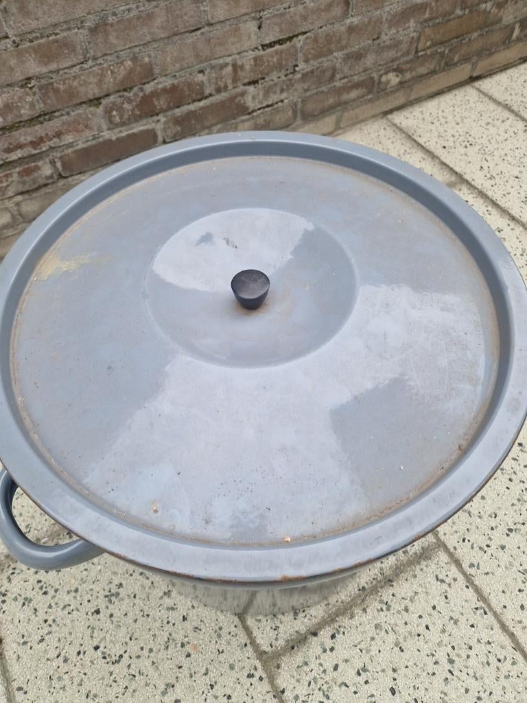 Grote grijze emaille wasketel met deksel, Antiek en Kunst, Ophalen