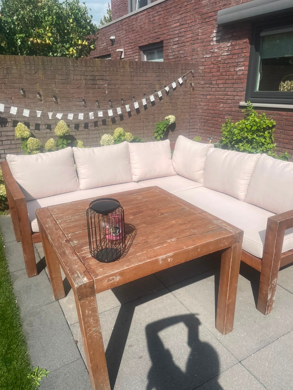 Houten tuinset met banken en kussens, Ophalen, Gebruikt, 6 zitplaatsen, Bank