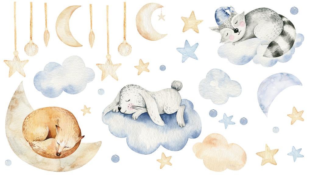 Slapende dieren op wolkjes muurstickers XXL set 2, babykamer, Huis en Inrichting, Stoffering | Behang, Verzenden