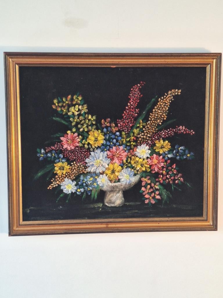 Vintage Bloemenstilleven op Textiel - Kleurrijk en Uniek, Ophalen of Verzenden