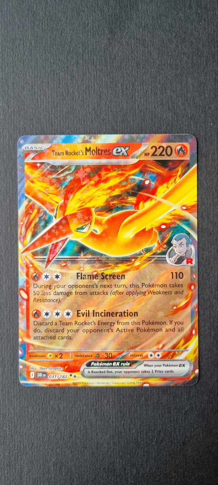 Team Rocket's Moltres ex DRI 031/182, Ophalen of Verzenden, Zo goed als nieuw, Losse kaart, Foil