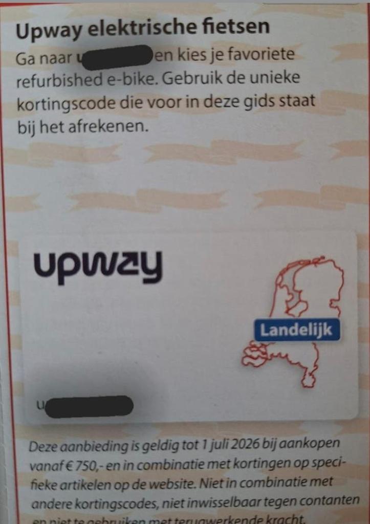 Upway 175 euro korting elektrische fietsen, Tickets en Kaartjes, Kortingen en Cadeaubonnen, Eén persoon, Kortingsbon