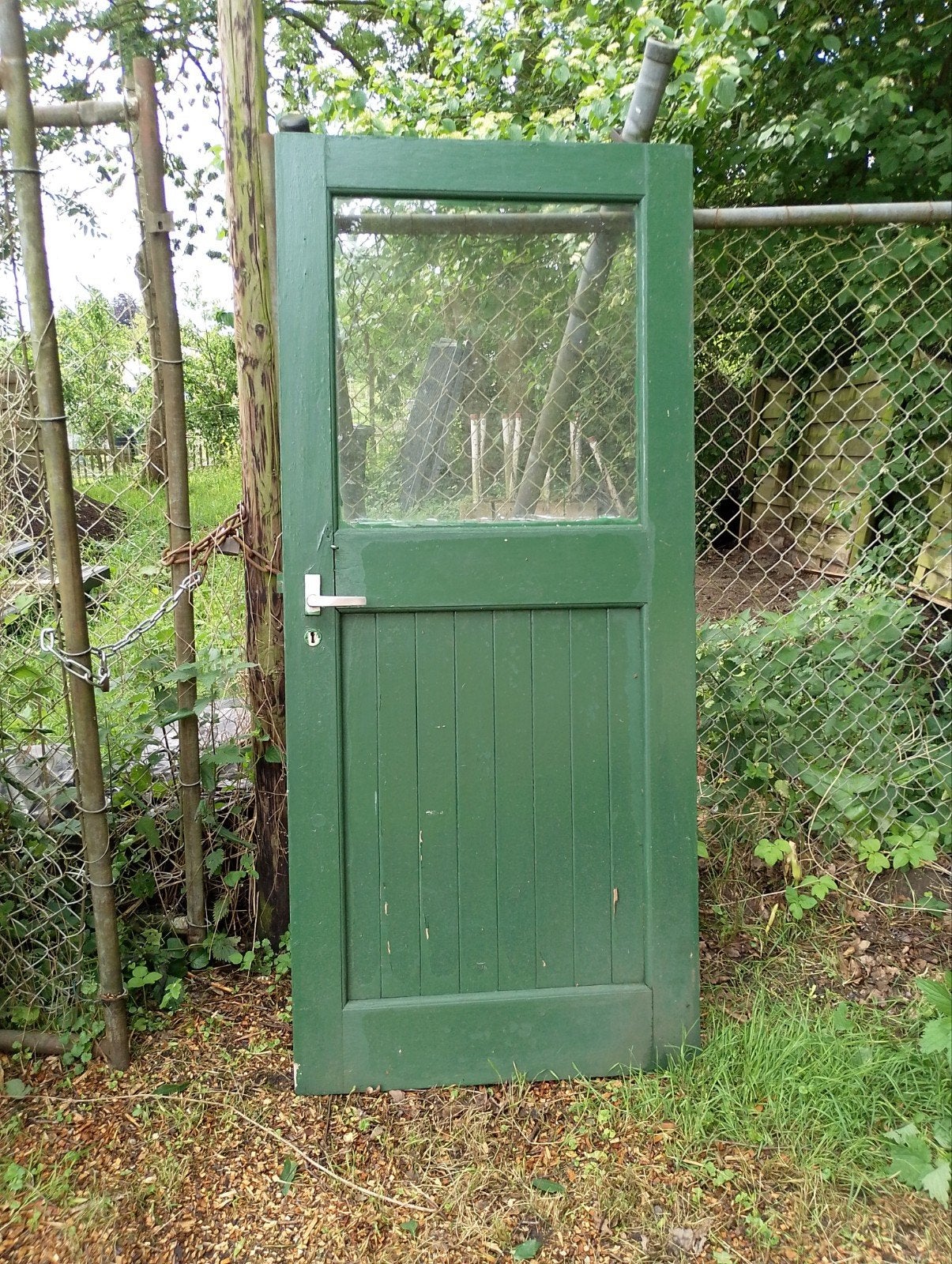 Groene houten buiten deur met glas, 200x88 cm, Ophalen, Gebruikt, 80 tot 100 cm, Buitendeur