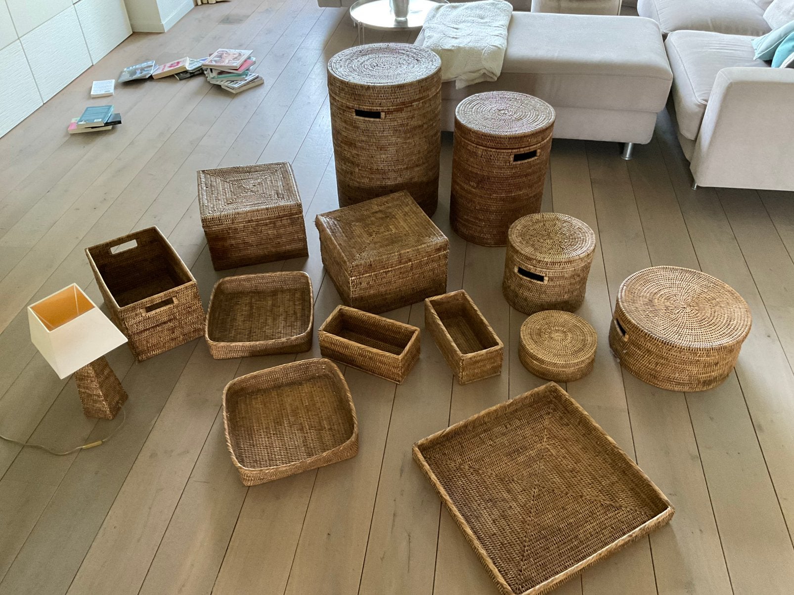 Complete set rotan‑riet manden & opbergdozen - als één set, Huis en Inrichting, Ophalen, Gebruikt, Overige typen, Riet