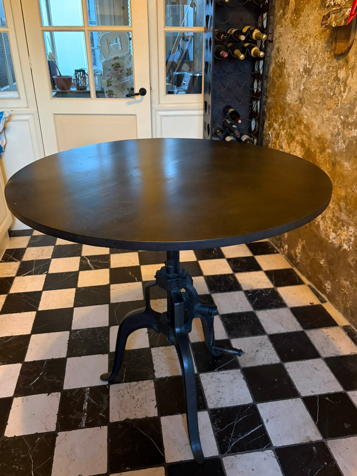 Ronde verstelbare industriele (sta)tafel, met metalen blad, Ophalen, Gebruikt, 100 tot 150 cm, Rond