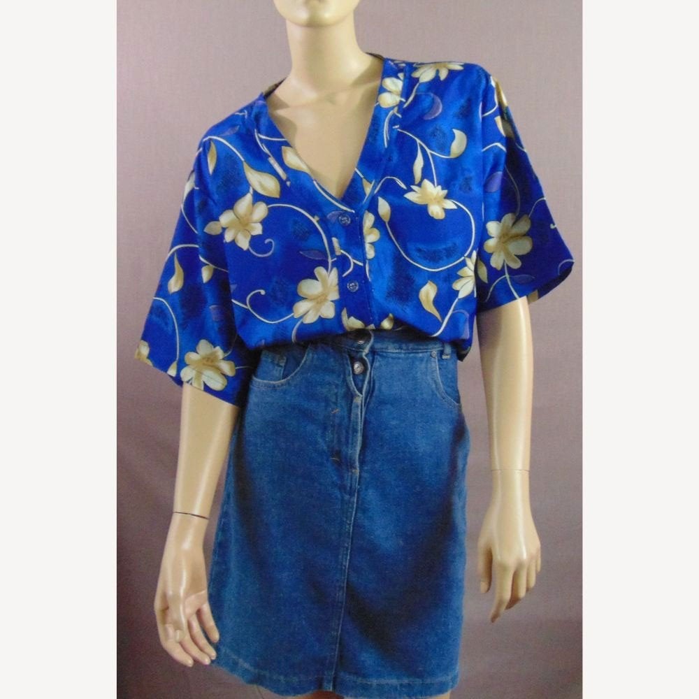 Vintage blauwe 90s blouse bloemenprint maat XL, Maat 46/48 (XL) of groter, Zo goed als nieuw, Vintage, Verzenden