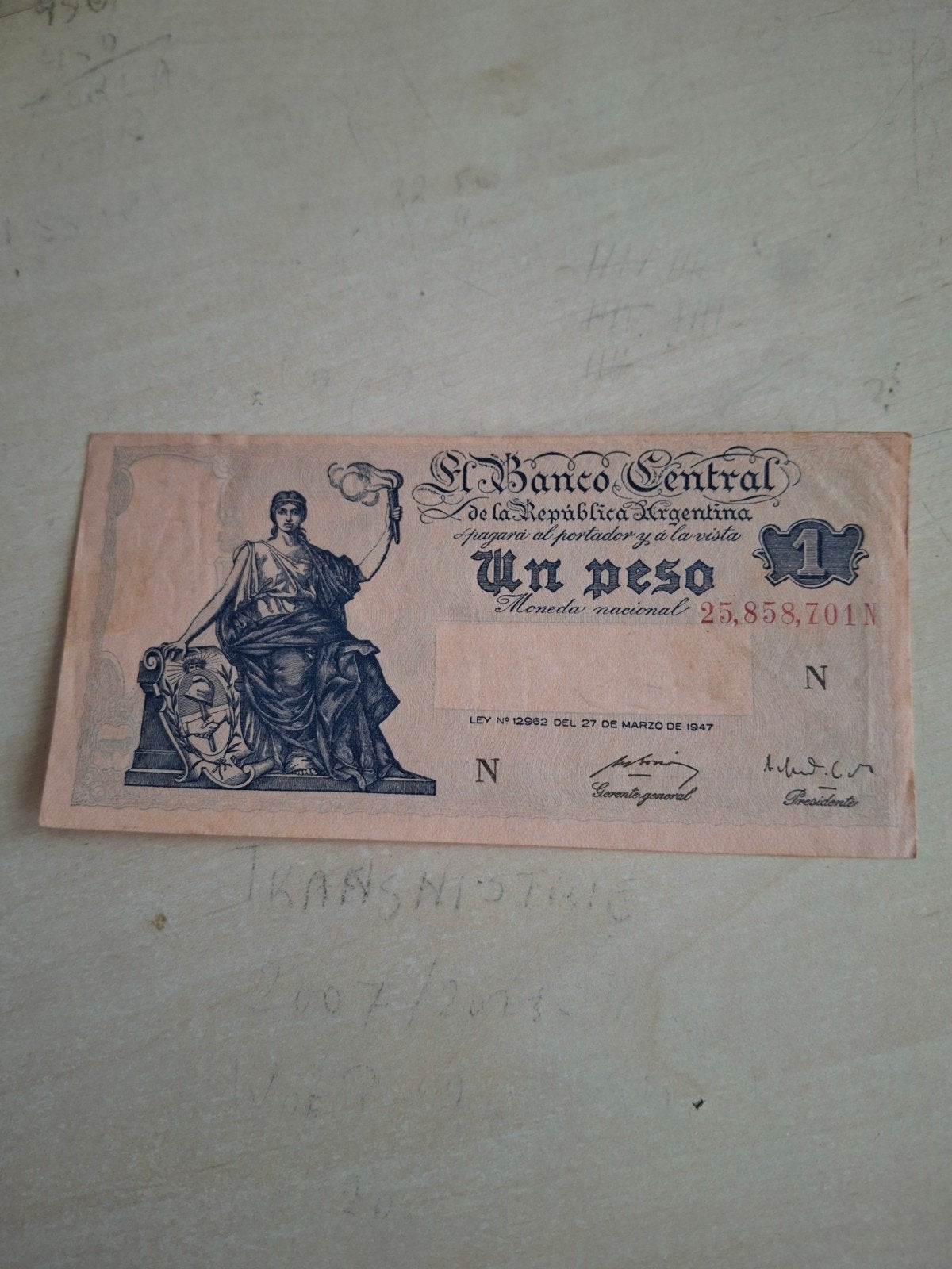 biljet van un peso Argentinië 1947, Ophalen of Verzenden, Midden-Oosten, Los biljet